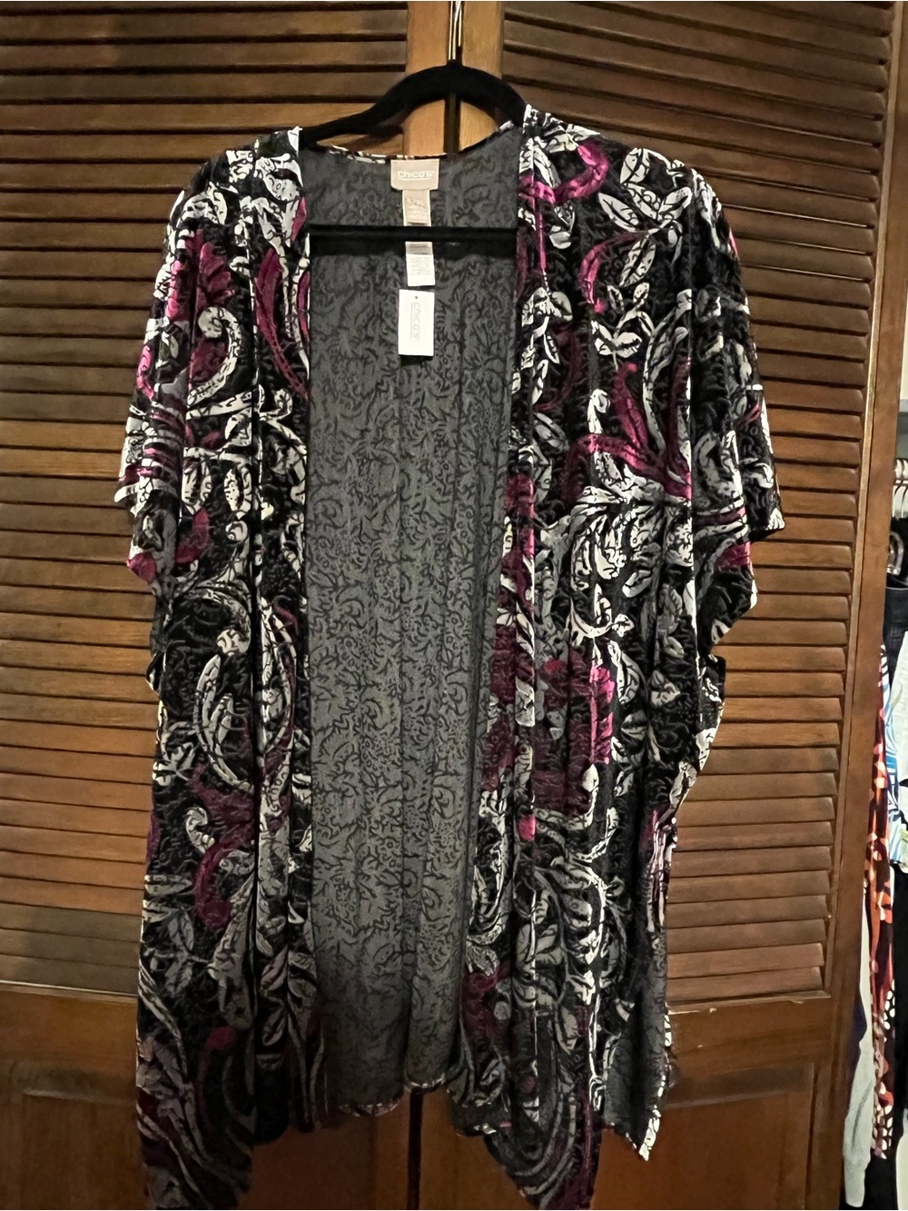 Chico's Velvet Open-Front Kimono Cardigan - Black, White & Magenta